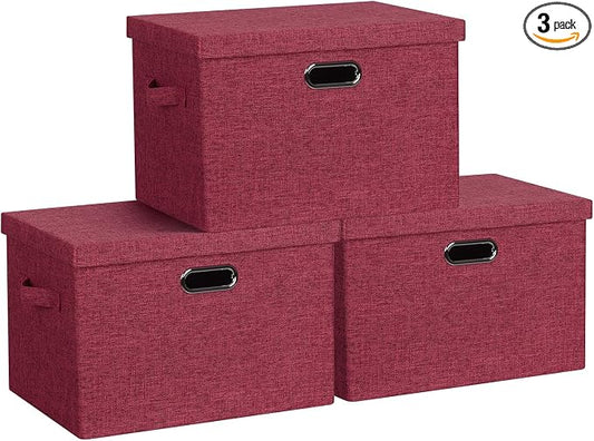 Storage Bins with Lids Fabric Closet Organizers Cubes Office Organization | 36 Quart 3 Pack Bright Red Collapsible Stackable Linen Fabric 4 Handles Bedroom Closet Cabinet Under Bed Clothes Toy Office
