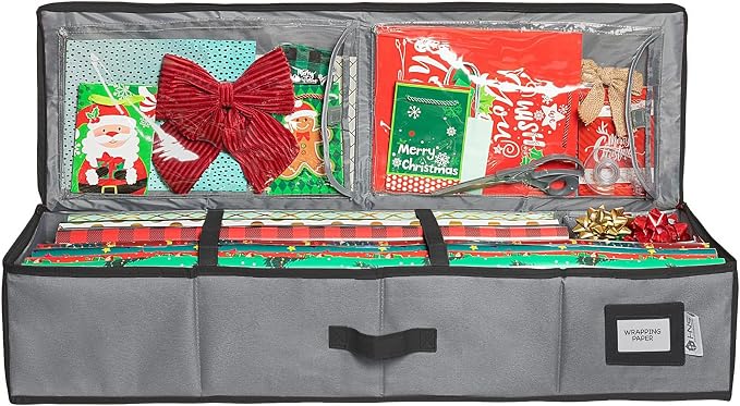 HOLDN’ STORAGE Premium Wrapping Paper Storage Container, Grey | Durable 600D Tear-Proof, Fits 27 Rolls Gift Wrap, Extra Pockets for Ribbons & Bows, Underbed Storage