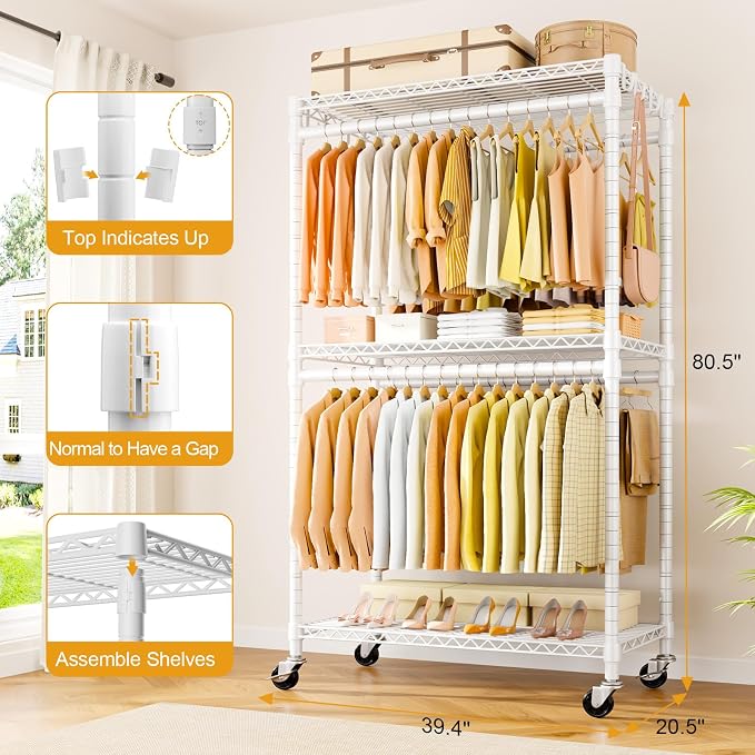 P5 Rolling Clothes Rack, Clothing Racks for Hanging Clothes, White | Heavy Duty Garment Rack with Wheels, 3-Tier Shelves, Portable Closet Racks 39.4'' W × 20.5'' D × 80.5'' H, Max Load 650 Lbs