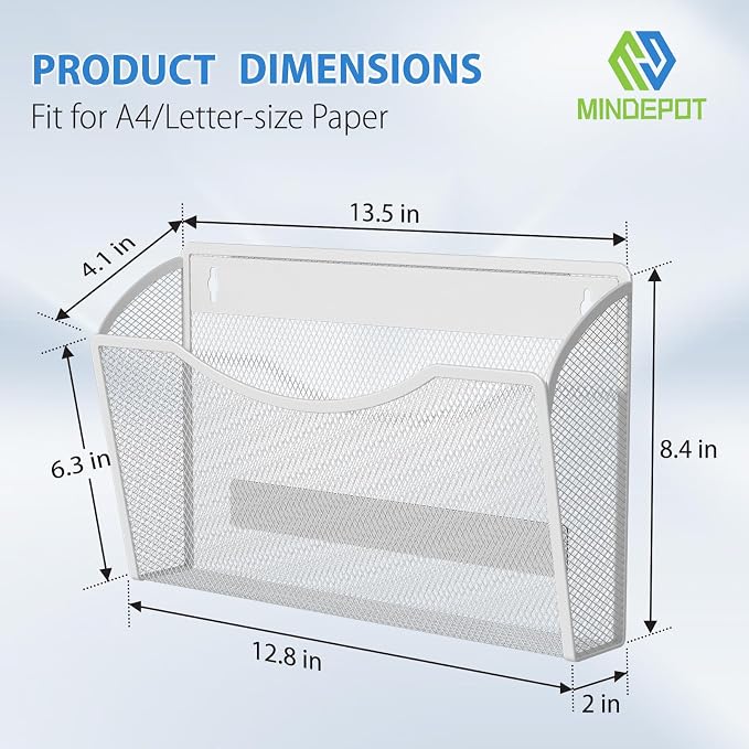 MINDEPOT Magnetic Wall File Organizer, Hanging File Holder, 3 Pack, White | Heavy Duty Iron, Powerful Magnet, Metal Mesh Wall Mount, Single Pocket, for Office School Classroom Home, Letter A4 Size
