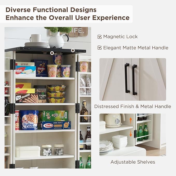 47" Tall Wooden Pantry Storage Cabinet with Door Shelves | Farmhouse, Barn Doors, Adjustable Shelves, Freestanding, Anti-tip Kit, for Kitchen, Dining Room, Living Room