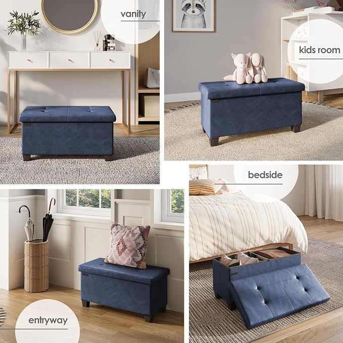 Storage Ottoman Bench with Bins, 30-in Storage Bench for Bedroom End of Bed, Folding Foot Rest Ottoman for Living Room Max 660lbs, Leather Ottomans, Blue