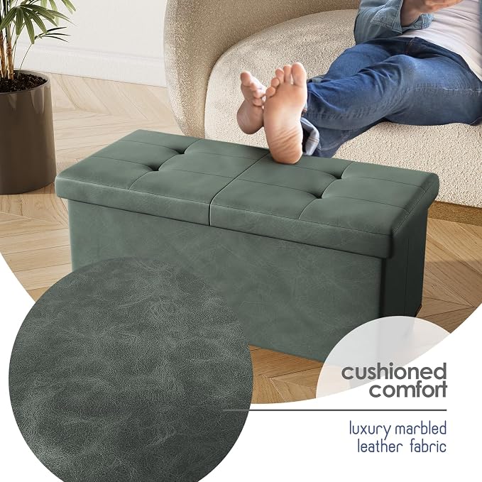 Storage Ottoman Bench with Bins, 30-in Storage Bench for Bedroom End of Bed, Folding Foot Rest Ottoman for Living Room Max 660lbs, Leather Ottomans, Green