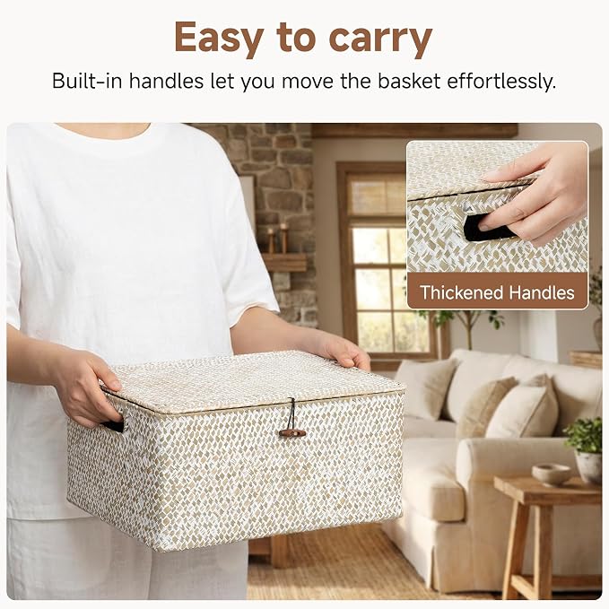 StorageWorks Wicker Baskets with Lid, Seagrass Storage Baskets for Shelves, Decorative Box with Built-in Handles,White