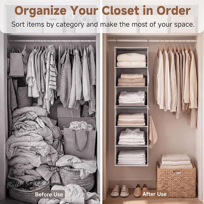 StorageWorks 6-Shelf Closet Organizers, Two 3-Shelf Separable Hanging Shelves for Close, 12 1⁄2" D x 12 1⁄2" W x 47 ¼" H, Canvas, Gray