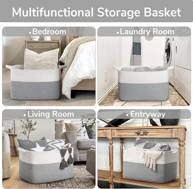 Goodpick Large Woven Blanket Basket, Rectangle Cotton Rope, White Gray | 85L, 23.6 x 15.7 x 13.8 in, Reinforced Handles, Living Room, Bedroom & Nursery Organization, Blankets & Pillows Storage