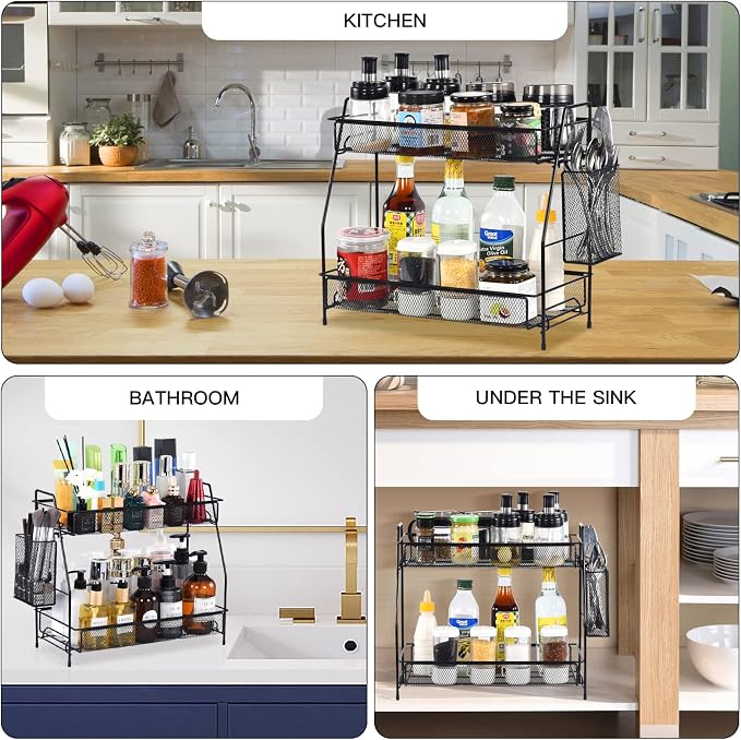 Large Countertop Organizer for Bathroom Counter, Bathroom Organizers and Storage, Under Sink Organizer Spice Rack Organizer for Kitchen with Basket(Black)