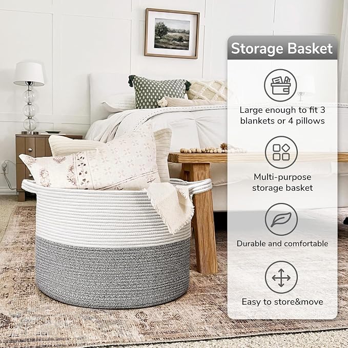 Goodpick Woven Blanket Basket Living Room, Toy Bin for Playroom, 85L | 21.7 x 21.7 x 13.8 In Toy Storage Basket for Nursery, Blanket Basket for Living room, Laundry Basket, Light & Grey