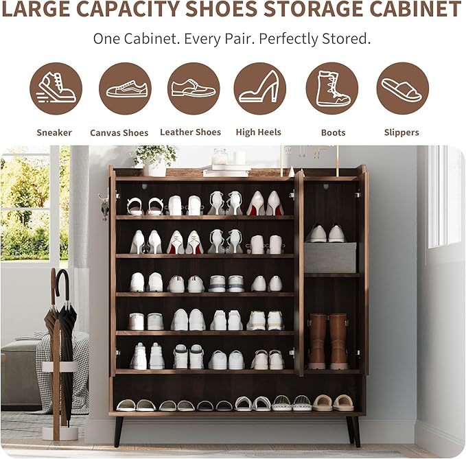 GarveeHome Shoe Cabinet, Large Shoe Cabinet with 3 Doors, Adjustable Shelves, Shoe Organizer with Doors for Hallway, Entryway, Living Room,Nut-Brown