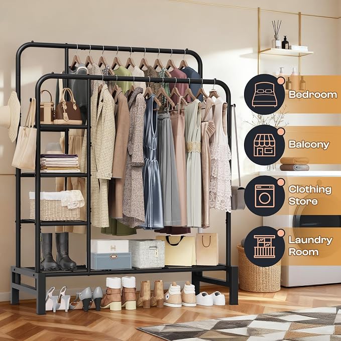 Clothes Rack for Hanging Clothes, Clothing Rack with shelves, Black | Double Clothing Rack with 3 Tier Storage Shelves, Multifunctional Heavy Duty Garment Rack for Bedroom Laundry Wardrobe Closet