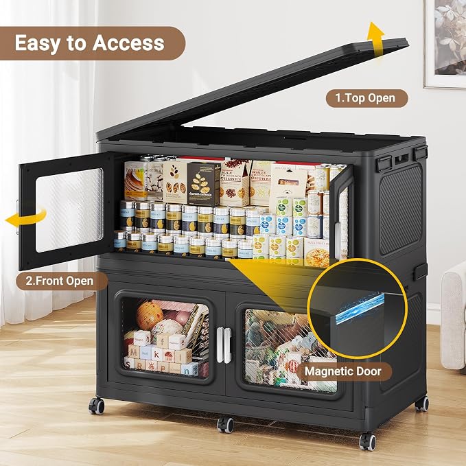 BROVIEW 900 Qt/225 Gal Stackable Storage Bins with Lids, 3 Pack, Black | Large Stackable Storage Boxes w/ 3 Lid Folding Plastic Cart Organizer for Home Kitchen, Open Front Clear Door with Wheels