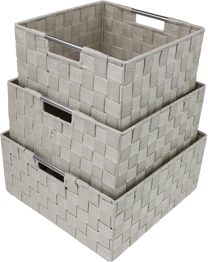 Sorbus Storage Box Woven Basket Bin Container Tote Cube Organizer Set Stackable Storage Basket Woven Strap Shelf Organizer Built-in Carry Handles (Beige)