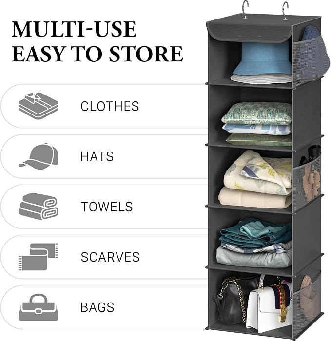 Simple Houseware 5 Shelf Hanging Closet Organizer, Dark Gray | 360° Rotating Dual Hooks, Top Support Metal Frame, 6 Side Mesh Pockets