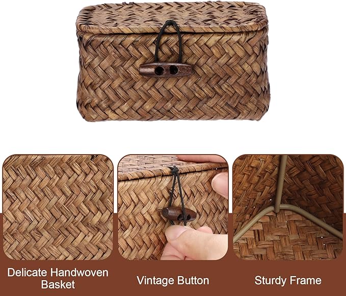Mini Wicker Basket with Lid, Seagrass Organizer, 4.3"x2.5"x2.1" | Small Wicker Storage Basket Natural Decorative Box for Shelf, Bathroom, Home Decor