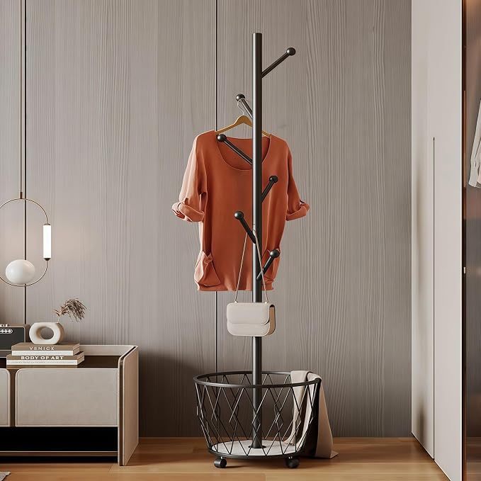 Black Moveable Tree Metal Coat Rack with Basket Freestanding 65" | Organizer for Scarf Jacket Hat Bags Ideal for Home Entryway Bedroom Corner Stable