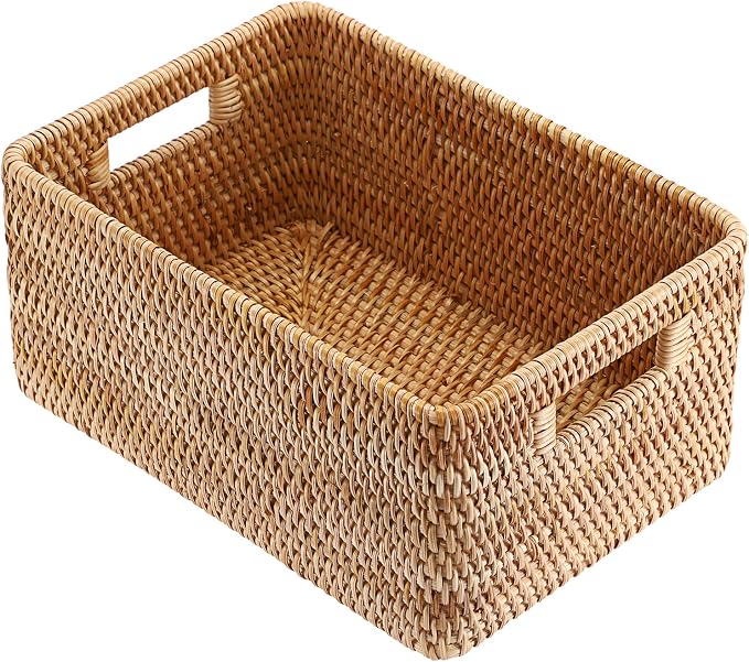 Hipiwe Rattan Wicker Basket for Shelf Organizer Natural Basket with Handles | Handwoven Open Storage Bin Rectangular Closet Organizer Bin Multipurpose Storage Box, 13.8" x 9.8" x 6.3"