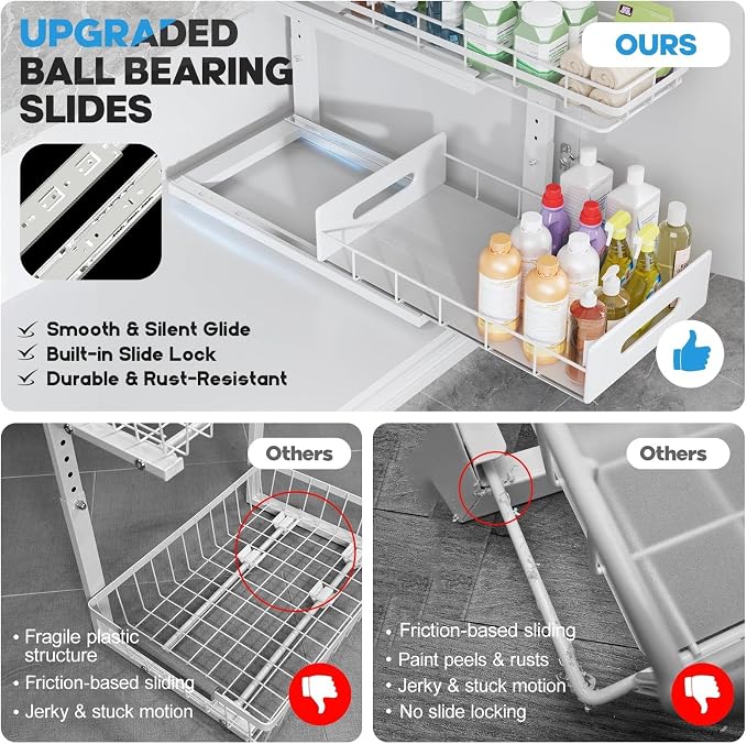 Under Sink Organizer Upgrade To Professional Rails,2-Tier Dual Pull Out Cabinet Storage,Height Adjustable Slide Out Drawers For Bathroom Kitchen,2 Pack-16.7"Dx12.8"-16.9"H,White