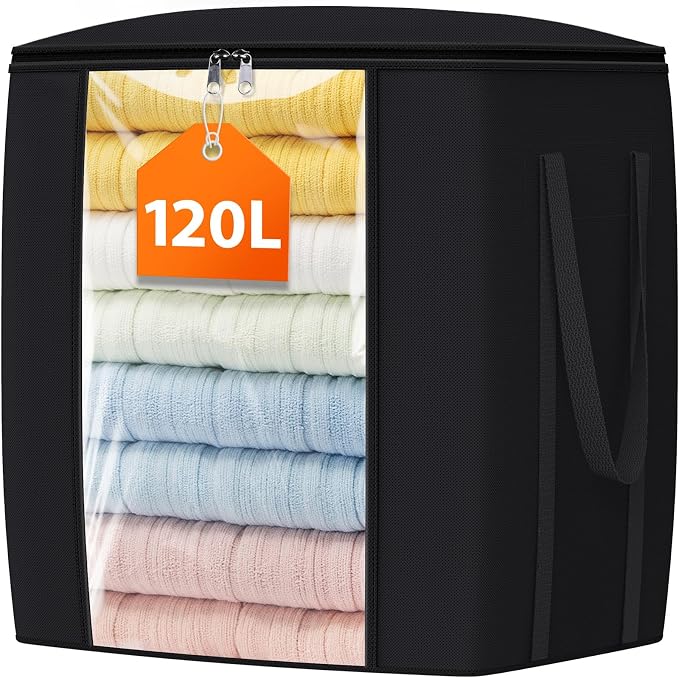 TasticTotes 120L Extra Large Blanket Clothes Storage Bags, Black, 1 Pack | Foldable Blanket Storage and Organization, Thick Fabric Containers with Reinforced Handles & Zippers for Comforters, Bedding