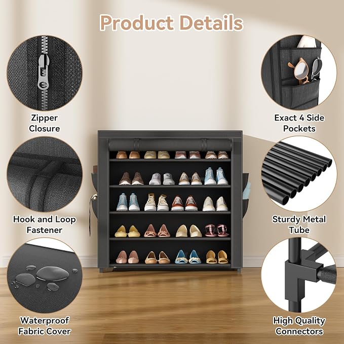 LANTEFUL Shoe Rack with Covers 5 Tier Tall Shoe Rack Organizer Large Capacity Shoe Shelf Storage 20-24 Pairs Space Saving Free Standing Shoe Storage Organizer for Closet, Entryway, Dorm, Black