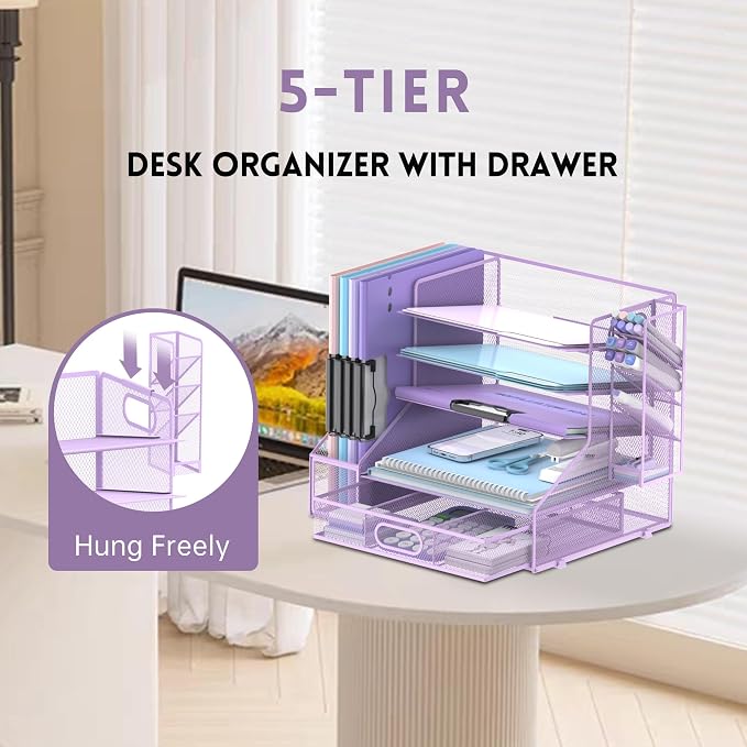 5-Tier Desk Organizer with File Holder & Pen Holder & Drawer, Purple | Mesh Metal Paper Letter Tray for Papers, Mail, Office Supplies, and Desk Accessories