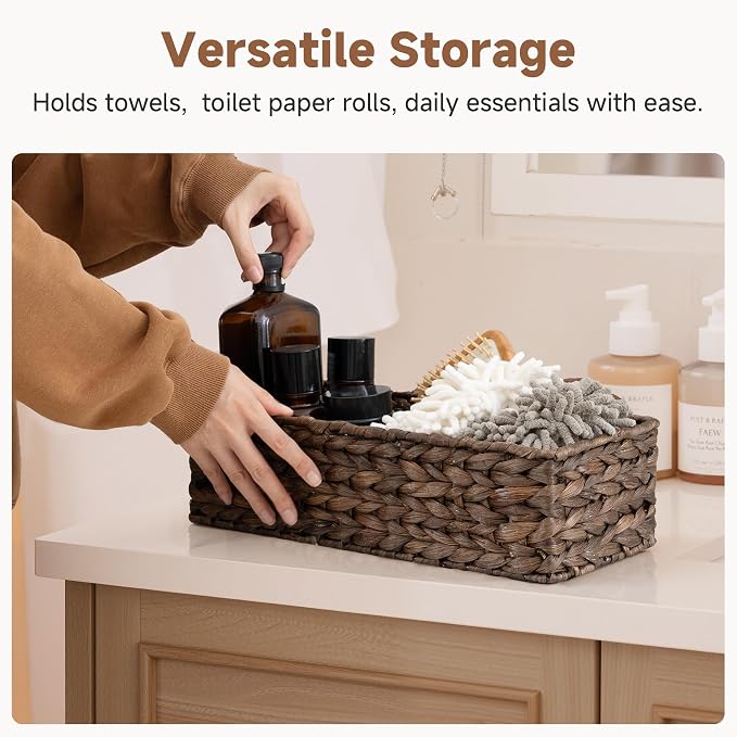 StorageWorks Small Toilet Paper Basket, Bathroom Basket Organizer, Brown | Water Hyacinth Wicker Baskets for Bathroom Decor, Back of Toilet Baskets, Small Narrow Tank Trays for Tank Topper, 2 Pack