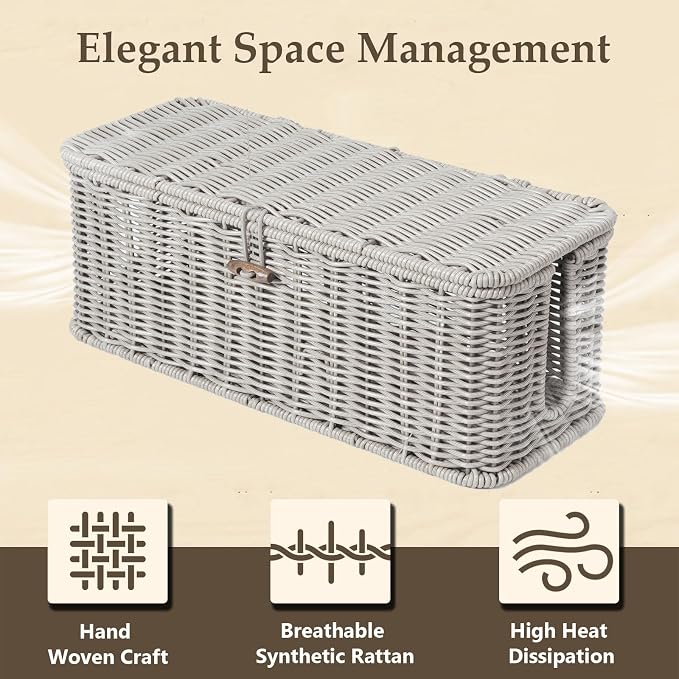 BROWNLILY Cable Management Box, Rattan Style Cord Organizer for Desk Cord Hider Outlet Covers for Power Strip TV PC Router Charger Under Desk Storage with Lockable Lid and Cable Ties