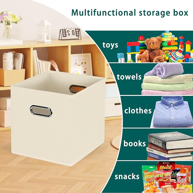 Black Foldable Storage Cubes Bins, Fabric Storage Box Cubes Organizer Baskets with Dual Handles for Home Organizer,Set of 6,(Creamy-White)
