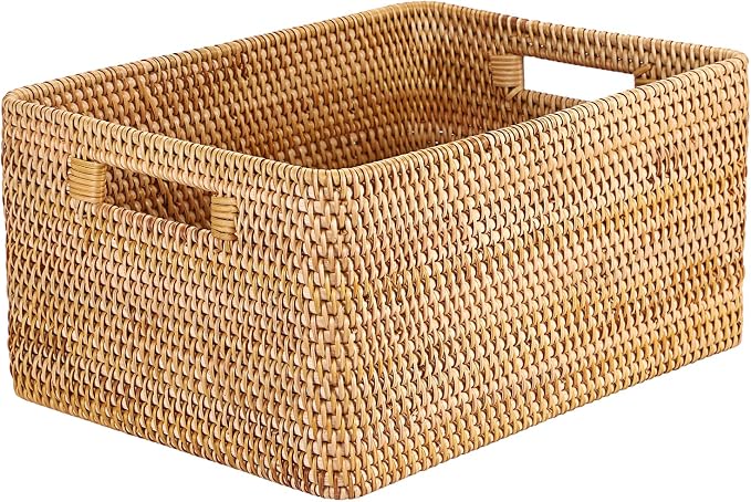 Hipiwe Rattan Wicker Storage Basket for Shelf Organizer, Large 15"x11"x7.1" | Handwoven Decorative Basket Bin with Build-in Handles, Natural Rectanguar Wardrobe Home Organizer