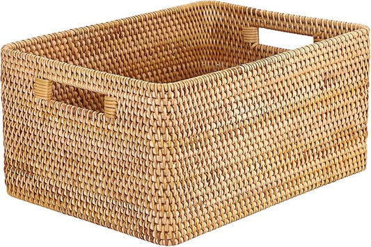 Hipiwe Rattan Wicker Storage Basket for Shelf Organizer, Large 15"x11"x7.1" | Handwoven Decorative Basket Bin with Build-in Handles, Natural Rectanguar Wardrobe Home Organizer