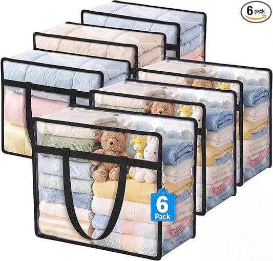 6 Pack Clear Storage Bags for Clothes, 40L Closet Organizers and Storage | Plastic storage with zipper and handle, moving bags, under-bed storage, closet organizer for blankets, comforters, toys
