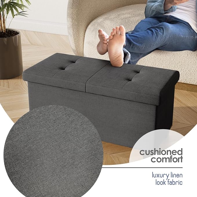 Storage Ottoman Bench with Bins, 30-in Storage Bench for Bedroom End of Bed, Folding Foot Rest Ottoman for Living Room Max 660lbs, Fabric Ottomans, Grey
