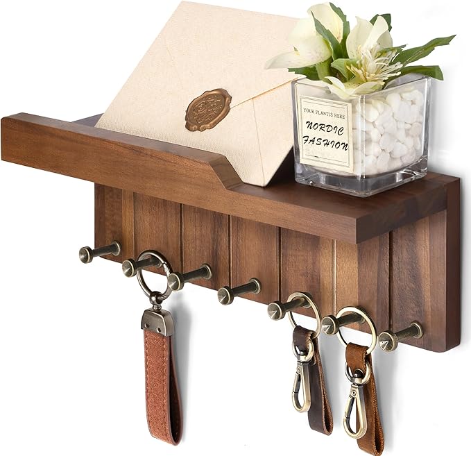 Rebee Vision Acacia Wood Key Holder Wall Mount for Home Decor, Brown | Decorative Mail Organizer, 7 Key Hooks, Mail Sorter , Wall Shelf, Rustic Room Decor, Apartment Essentials, Entryway Storage