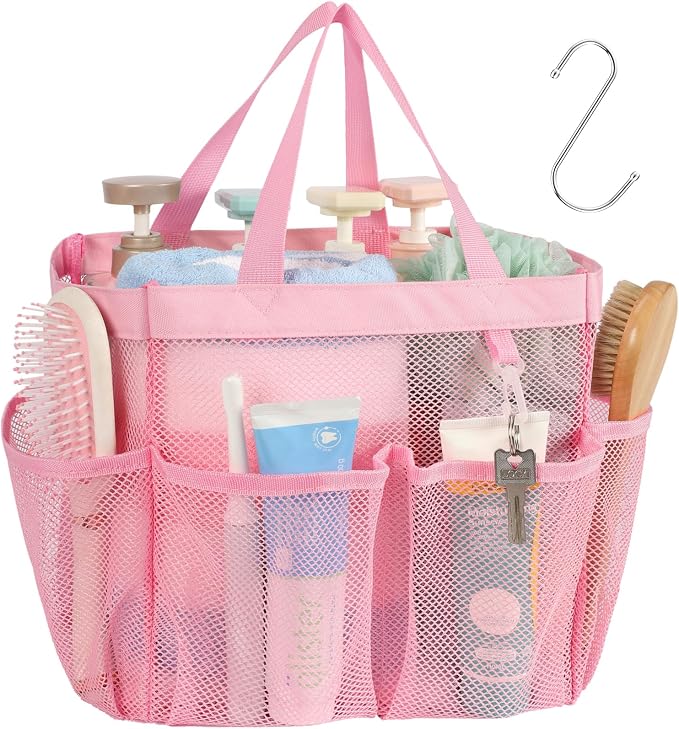 Mesh Shower Caddy Portable - 8 Pockets, S-Hook, Shower Bag for Dorm Camping | 2-Handle, Quick-Dry, Hanging Toiletry Organizer, College Dorm Room Essentials for Girls, Gym, Travel & Bathroom, Pink