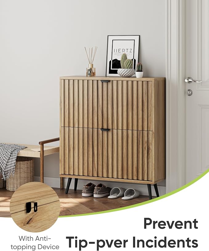 Shoe Storage Cabinet, Fluted Shoe Cabinet Storage for Entryway, Hidden Shoe Cabinet with Metal Legs,Shoe Organizer Cabinet with Flip Doors, Slim Entryway Shoe Storage Cabinet, Natural Wood-31.5in