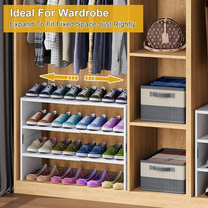 White Shoe Rack Organizer for Closet, 3-Tier Expandable Shoe Shelf, Stackable Iron Wood Combination Shoe Racks Shelves for Closets, Entryway,Small Space,Hallway,Garage,Holds 8-16 Pairs of Shoes