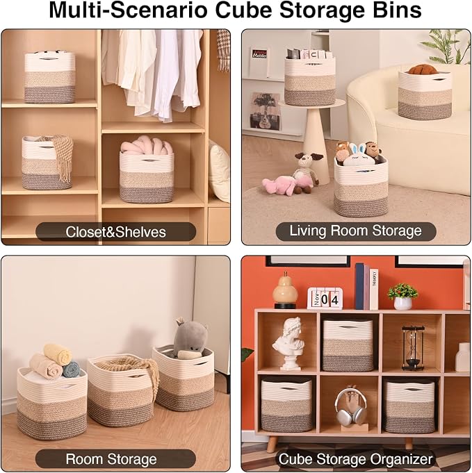 ICERZCZ 13 Inch Cube Closet Storage Bins, Woven Cotton Rope Organizer Baskets for Organizing & Shelves, Books, Towels, Clothes, Toys, 13x13x13 in, Gradient Brown (Pack of 3)