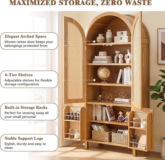 Merax 71" Arched Bookcase,Tall Pantry Storage Cabinet with Shelf Doors | Farmhouse Bookshelf with Rattan Doors Built-in Racks for Home Office,Kitchen,Dining Room,Oak