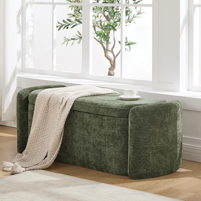 Oval Storage Ottoman Bench, 45" Upholstered Chenille End of Bed Storage Bench, Foot Rest Ottoman with Storage, Bedroom Living Room and Hallway,Green