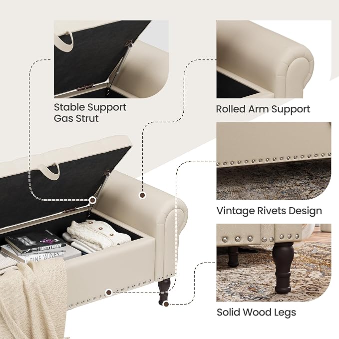 YOUDENOVA Ottoman with Storage, 51" End of Bed Bench with Rolled Arms, Upholstered Storage Bench with Vintage Rivets for Bedroom, Living Room, Entryway, Beige+Brown Legs