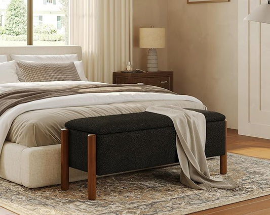 Storage Ottoman Bench, End of Bed Bench for Bedroom, 47" Boucle Upholstered Entryway Shoe Seat Bench, Holds up to 660 lb Storage Ottoman, Padded Blanket Chest Stool Foot Rest for Living Room Black