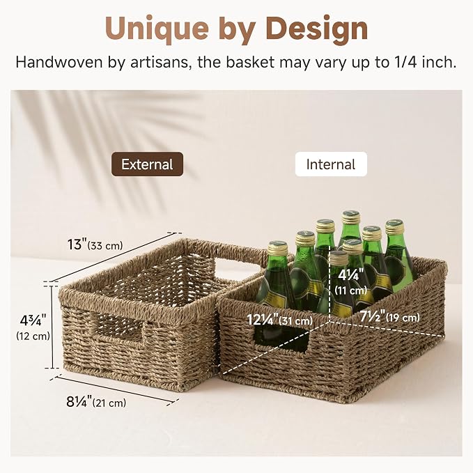 StorageWorks Rectangle Wicker Baskets for Organizing, Wicker Storage Baskets for Shelves, Decorative Basket, Seagrass Baskets with Handles, 2-Pack, 13" L x 8¼"W x 4¾"H