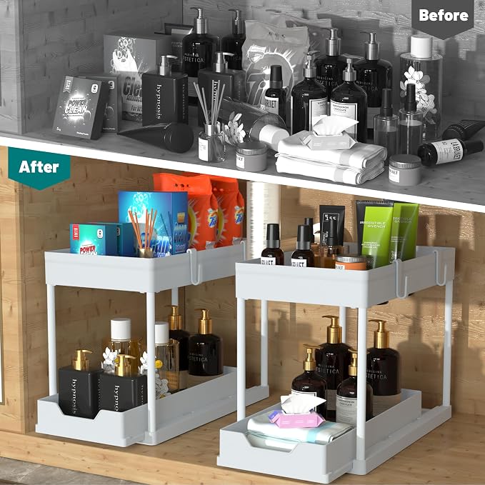 Under Sink Organizer 2 Pack,2 Tier Slide Out Storage for Kitchen Bathroom | Multi-purpose Under Cabinet Storage Rack Fit Kitchen Sink, Bathroom Vanity, Easy Assembly