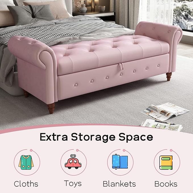 NIOIIKIT 63'' Storage Ottoman Bench, Tufted Entryway Bench Pink Velvet | Button Tufted End of Bed, Large Storage Space, Rolled Armed Ottoman Couch Long Bench for Bedroom, Living Room, Hallway