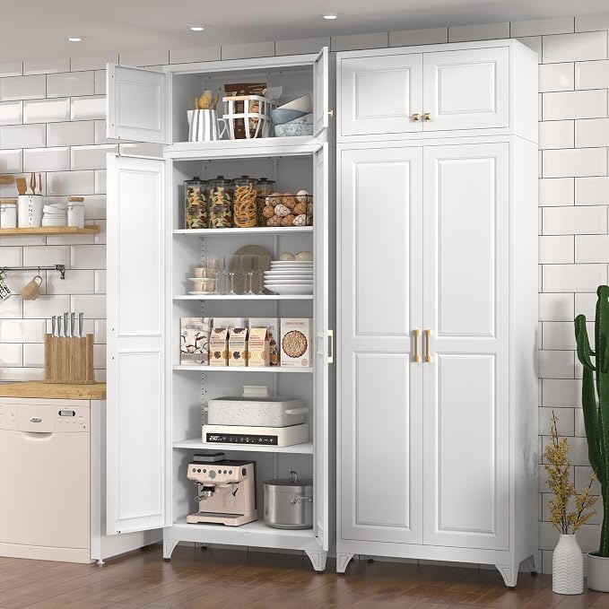 Polup 90" Pantry Cabinet, Tall Metal Storage Cabinet with Doors and Shelves | White Kitchen Cabinet, 5 Adjustable Shelving, Heavy-Duty, 2 Gold Handles, 4 Standing Feet, for Dining Room Garage & Laundry