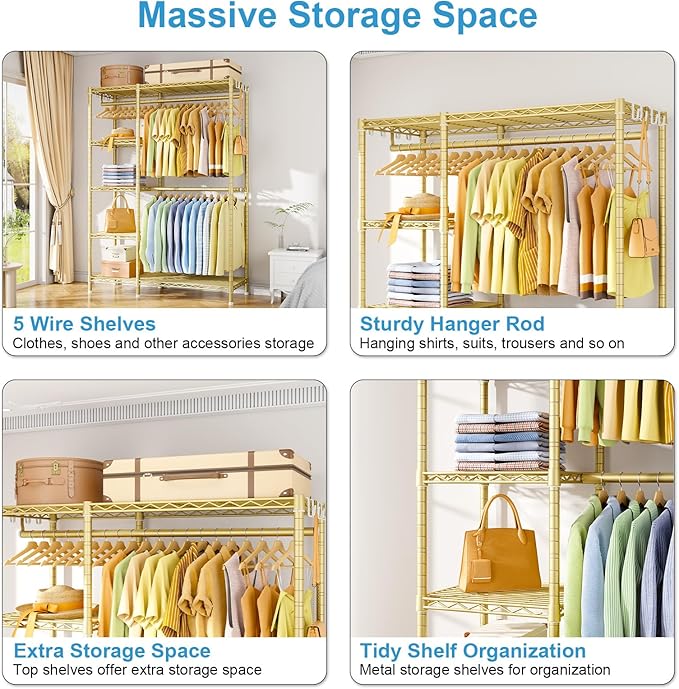 F2 Clothes Rack, 5 Tiers Heavy Duty Garment Rack for Bedroom | Freestanding Adjustable Closet Storage Organizer, Portable Clothing Wardrobe, 46.1"W x 15.4"D x 78.3"H, Load 630lbs, Gold