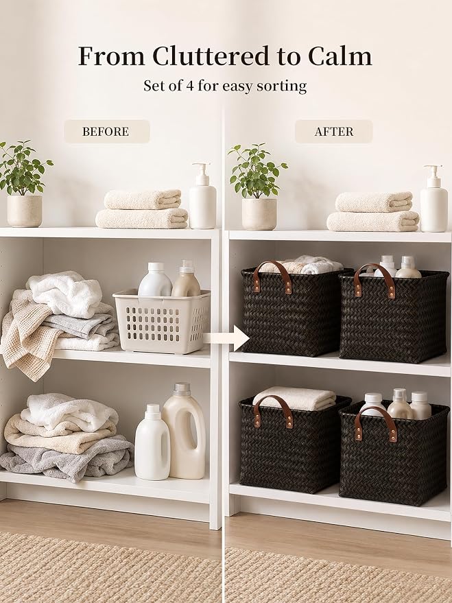 Wicker Storage Baskets, 4 Pack Woven Baskets for Shelves, Dark Gold | PP Rattan, Water-resistant Wicker Basket, Large Baskets with Faux Leather Handles for Blanket, Laundry Organizer, Room Decor