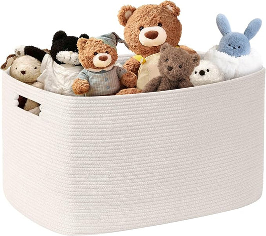 86L Large Woven Laundry Basket Hamper with Handles, White | collapsible wicker hamper, storage for dirty clothes, toys, blankets, gifts, living room, bedroom, bathroom, 24"x16"x14"