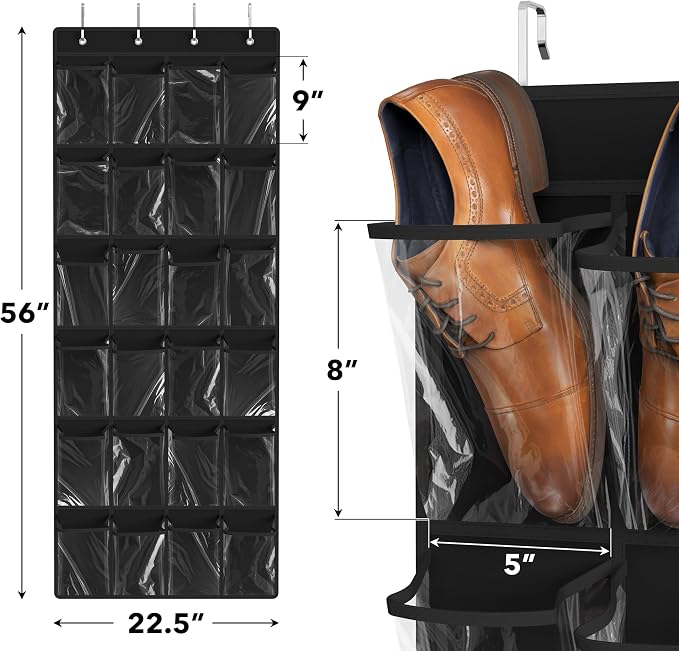 Simple Houseware 24 Pockets Large Clear Over the Door Shoe Organizer, Black | 56" x 22.5", 4 Durable Metal Hooks, 5" x 9" Pocket Size, Multipurpose