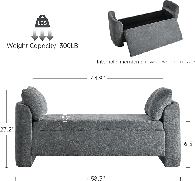Usaint 58.3" Upholstered Storage Ottoman Bench with 2 Pillows, Charcoal | End of Bed Bench with Curved Arms and Thickened Seat Cushion for Bedroom, Livingroom, Window, Entryway and Dressing Areas