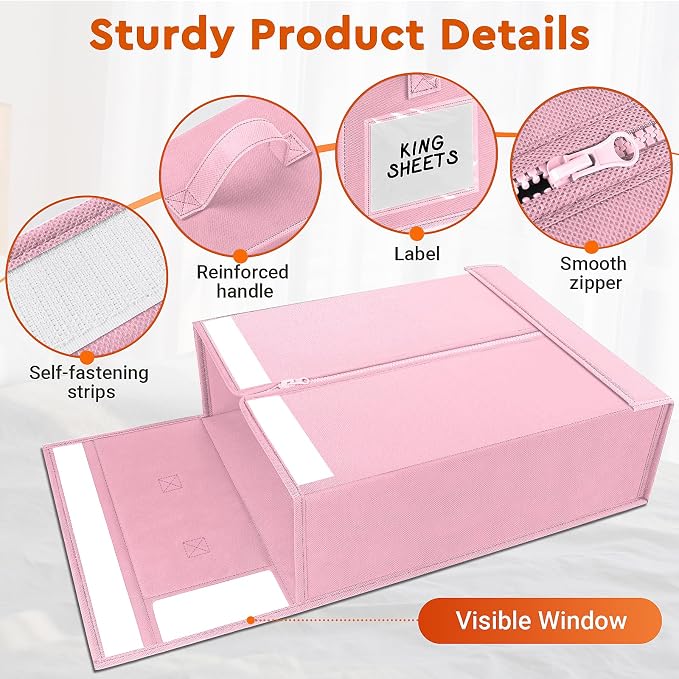 StorageTastic 8 Pack Bed Sheet Closet Organizers and Storage,Sturdy Foldable Storage Containers with Window and Label,Storage and Organization for Bedding Sheets,Duvet Covers,Blankets (Pink)